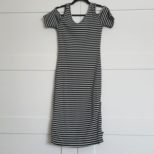 Black and white striped midi dress with short sleeves and cold shoulder size S